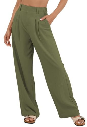 SotRong Pantalones de lino de pierna ancha para mujer, de cintura alta, plisados, holgados, lisos, estilo palazzo, pantalones casuales de algodón con bolsillo lateral, Ejercito Verde, S