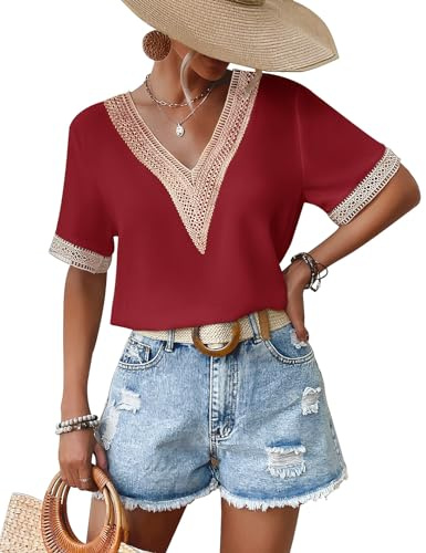 CMTOP Camisa Manga Corta Mujer Elegantes Blusas Mujer Verano Cuello en V Camisetas Camisa de Gase Casual Informal Blusa Color Sólido Tops