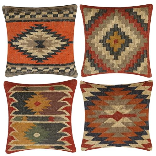 INDACORIFY Vintage Kelim kuddfodral indisk ull jute kuddfodral heminredning kuddfodral handvävda turkiska kuddar set med 4 dekorativa kuddfodral