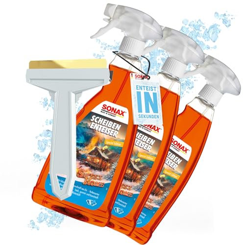 Auto Scheibenenteiser Set | 3X Sonax Scheiben Enteiser Spray Sweet Home 1 Liter für Autoscheiben + 1x Murska Eiskratzer mit Messingklinge | Enteiserspray für klare Sicht