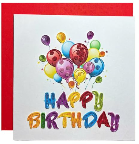 HAIANCO Handcraft 3D Quilling Greeting Happy Birthday Card with Balloon Design for Him, Her, Friend, Mom, Dad, Daughter, Son, Sister, Blank Inside, Premium Paper, Includes Envelope, Ready to Gift