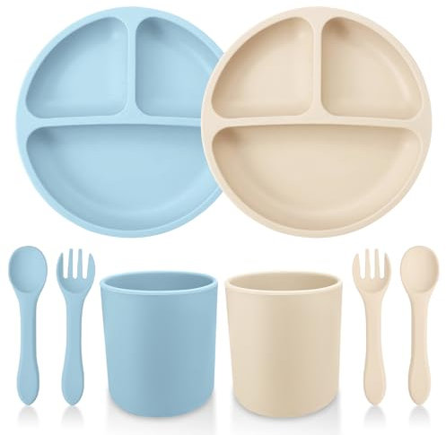 Set Pappa Svezzamento,Set di 8 Piatti per Bambini,2 Piatto Svezzamento, 2 Cucchiai, 2 Forchette, 2 Tazze,Piatto con Ventosa per Neonati in Silicone, Set di Posate per Lo Svezzamento e L'Alimentazione
