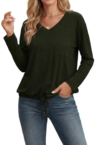 Enmain Maglia Donna Manica Lunga Raffinata Blusa Casual Chic con Coulisse Regolabile e Taschino Maglietta T-Shirt Basic Senza Stiro per Ufficio e Tempo Libero Verde Oliva L