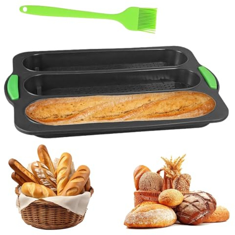 Dulynva Moule Baguette Moule à Pain en Silicone Moule pain au Lait Perforé Antiadhésif Moule a Baguette Four Plaque à Pâtisserie 3 compartiments avec Pinceau Cuisine pour Cuisson Pain Gâteaux