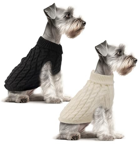 Fiohiros 2 Pack Dog Jumpers Knitted Turtleneck, Warm Winter Dachshund Jumper Cute, Apparel Puppy Twist Striped Vest Dog Clothes for Dogs Cats (Black+White, L)