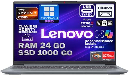 Lenovo Ordinateur Portable AMD Ryzen 7 7735HS 4.75Ghz, RAM 24Go DDR5, SSD 1To NVMe, Copilot IA, Écran 15.3” FHD IPS, WiFi6E, Caméra FHD, Reconnaissance faciale, Clavier AZERTY rétroéclairé, Win11 Pro