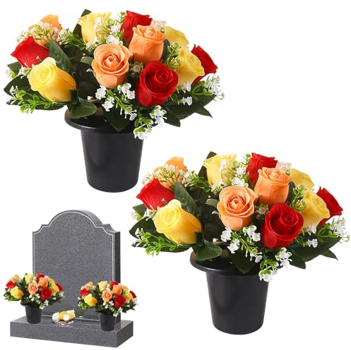 Fiori artificiali per tombe, 2 fiori per tombe in vaso, 12 teste di rose artificiali per funerali, vasi di fiori artificiali, per cimitero, decorazione per la casa, tributi e commemorazioni
