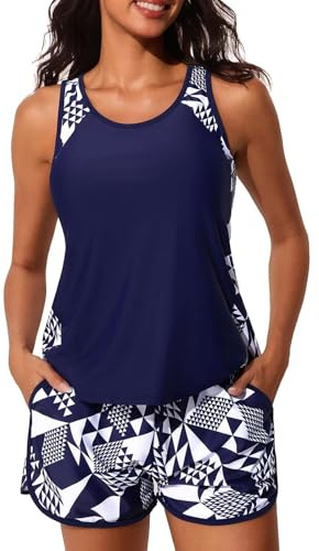 Yutdeng Blouson Tankini Swimsuits for Women Tummy Control Two Piece Modest Swimwear Tankini Top with Removable Pad and Swim Shorts with Brief and Pockets Sporty Bathing Suits