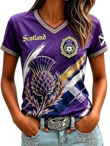 Skottland fotboll toppar kvinnor 2026 VM skjortor grafiska tryckta sport träningströjor lätt andningsbar England fotboll skjorta kortärmad v-hals damer fotboll t-shirt Skottland tröjor, 04#lila, S