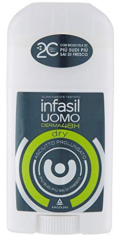 Infasil Deodorante Stick Uomo Derma 48H Dry, Anti-Umidità, Agisce Contro il Sudore in Eccesso, con Molecola 2C che Assorbe il sudore, Efficacia fino a 48H, 40 ml