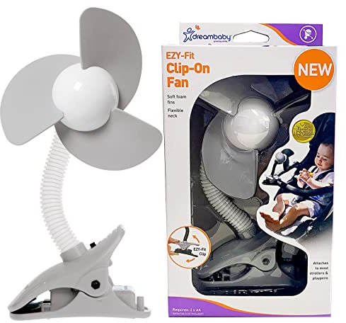 Dreambaby Stroller Fan - Adjustable Clip-On Fan with Soft Foam Fins - Portable and Convenient Cooling Solution for Strollers, Cribs, Table and Desk -White/Grey (Batteries not included)