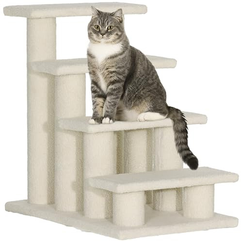 PawHut Scaletta per Cani e Gatti a 4 Gradini con Rivestimento in Peluche, Scala per Gatto e Animali Domestici Antiscivolo, Scalini per Cuccioli per Letto e Divano, 61x41x60cm Crema