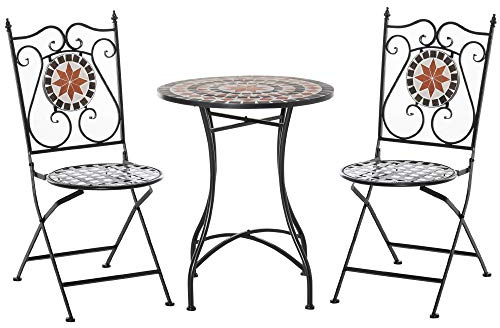 Outsunny Ensemble Bistro 2 Places 3 Pièces Style Fer Forgé Pliables Noir | Mosaïque Céramique, Motif Rose des Vents, Chaises, Métal Époxy, Salon de Jardin2 Personnes