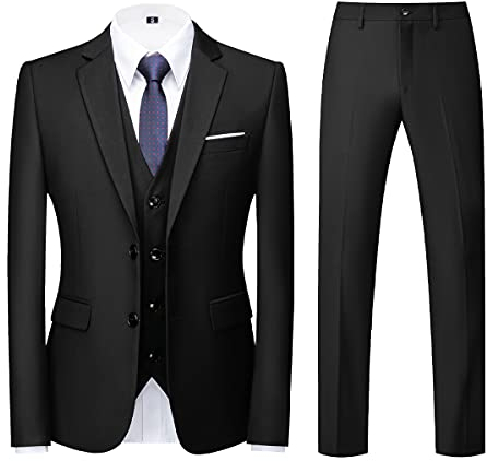 KUDORO Herren Anzüge 3-teilig Slim Fit Einreihig Zwei Knöpfe für Hochzeit Business Anzug Herren Formell Sakko Weste Hose(Schwarz,XL)