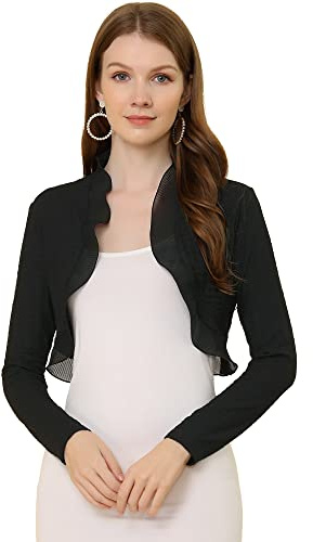 Allegra K Women's Elegant Crop Shrugs for Evening Dress Long Sleeve Textured Open Front Ruffle Bolero Shrug Medium Black