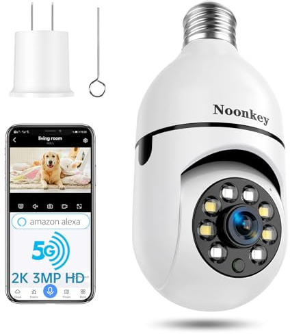 Noonkey 2K/3MP Light Bulb Security Camera, 5G& 2.4GHz WiFi Alexa E27 360° Light Socket Camera for Outdoor, Wireless WiFi Home IP Camera with Motion Tracking Alarm, Color Night Vision,Two-Way Talk