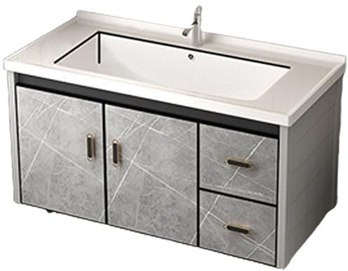 CASEGO Hanging Bathroom Cabinet Double Door with Drawer Integrated Ceramic Basin Home Multi-functional Washbasin Cabinet Combination (100cm)