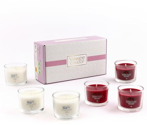 Yankee Candle Duftkerzen-Geschenkset Gefüllte Votivduftkerzen in Black Cherry & Clean Cotton Sojawachsmischung 6 Stück Perfekte Geschenke für Frauen