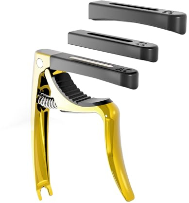 Linrax C3 Gitarr Capo, 4 i 1 Kapodaster med Bridge Pin Puller, Kapo Capodaster för Akustisk Gitarr Elgitarr Klassisk Gitarr Basgitarr Ukulele Banjo Mandolin, 3 Silikonhuvuden, Gitarr Tillbehör, Guld