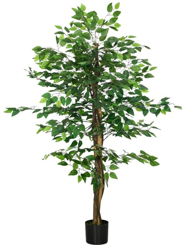 HOMCOM Ficus Artificial con Troncos Naturales 150 cm Planta Artificial con Maceta y 882 Hojas Árbol Artificial Decoración para Hogar Salón Oficina Verde