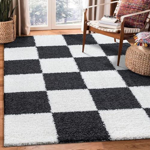 SANAT Milano Shaggy Teppich - Hochflor Teppiche für Wohnzimmer, Schlafzimmer, Küche - Schwarz Weiss, Größe: 120 x 170 cm