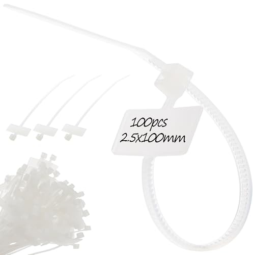 Kabelband för markör och märkning – svart och vit, starka buntband – finns i 2,5 mm x 100 mm och 2,5 mm x 200 mm, förpackning med 100 (vit, 2,5 mm x 100 mm)