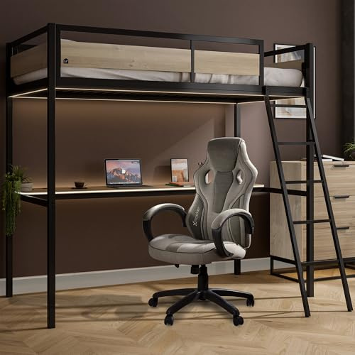 XR Living Denver 3ft Single, High Sleeper Bunk Bed - App Controlled LED Lights, Gaming Desk & PC Storage Shelf, Wireless Charging, Sturdy Metal Frame for Kids & Teens - Oak & Black - 90x190cm