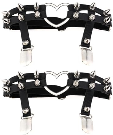 Bohue 2pcs Adjustable Heart Leg Garter with Anti-Slip Clips Gothic Heart Garters Adjustable Leg Garter Belt Leg Ring Women's Thigh Garters for Halloween Party