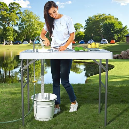 IWDOO 42.5 Fish Cleaning Table with Sink, Folding Camping Table & Fish Cleaning Station with Measure Mark, Camping Sink with Hose Hookup for Outdoor Picnic, Beach, Dock & Patio Use
