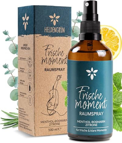 Heldengrün® Raumspray Frischemoment [ECHTE BIO-ÖLE] Dermatologisch getestet - Frische Luft Raumspray - Bio Raumduft mit Minze, Rosmarin & Zitrone - Textil Duftspray & Lufterfrischer