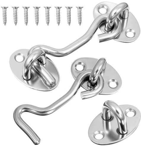Pack of 2 Storm Hooks with Eyelet, Latch Door Storm Hook, Hook Lock Stainless Steel, 3 Inch Storm Hooks with Mounting Screws for Garage Door, Window, Barn Door, Door Locks, Garden Gate, Balcony