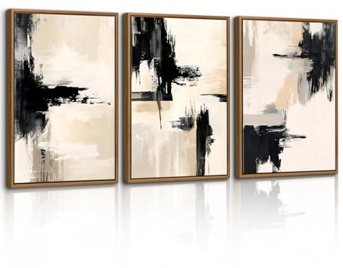 WENGTIAO Vintage Tableau Toile Peinture Encadré, Minimaliste à L'encre Tableau Decoration Murale, Abstrait Noir Beige et Gris Peinture pour Decoration Salon Maison Chambre à Coucher 30x40cmx3