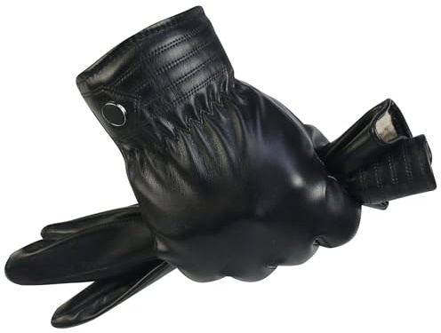 Long Keeper PU Lederhandschuhe Herren Schwarz Winter Veganes Leder Touchscreen Thermo Warme Handschuhe zum Fahren Motorrad Radfahren Laufen