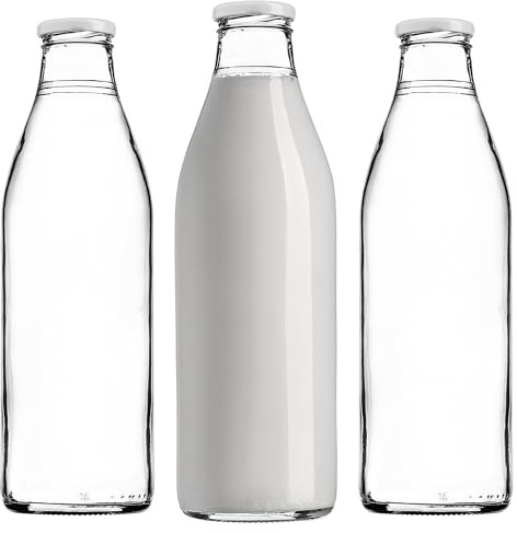 KADAX Mjölkflaskor 1 l med lock, juiceflaskor av glas, glasflaskor, 1 liter med skruvlock, tomma flaskor för fyllning med mjölk, bred halsflaska (3 stycken)