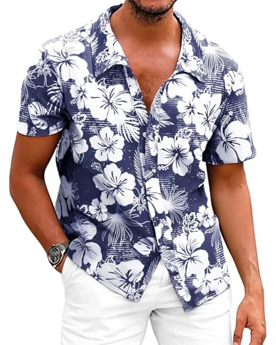 LAOARA Chemise Hawaienne Homme a Fleur Manches Courtes Ete Festival Chemisette Col V Leger Boutons Tenue M-3XL