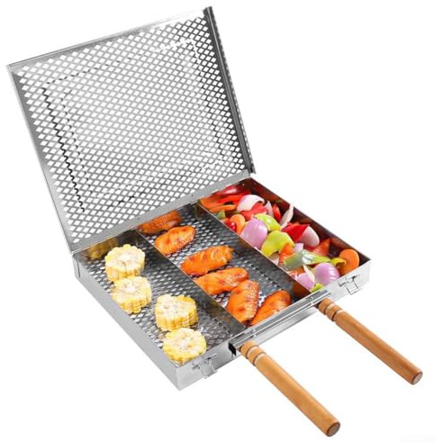 1 vassoio singolo per barbecue con morsetto per barbecue, vassoio da campeggio, portatile, per barbecue, 26 x 31 x 4 cm, ampio spazio di cottura (B)