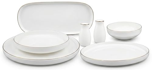 IMEX Germany - Servizio da tavola da 27 pezzi con bordo dorato per 6 persone, in porcellana di lusso in bianco e oro, elegante servizio combinato con piatto da portata e sale/pepiera, design festivo