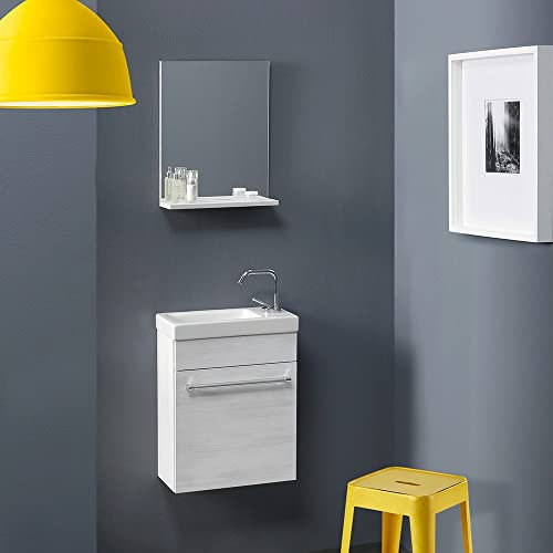 Kiamami Valentina - Mobile Bagno Sospeso Salvaspazio | Lavabo in Ceramica | Specchio con Mensola | Anta Portaoggetti | Rovere Bianco, Piccoli spazi, Rovere