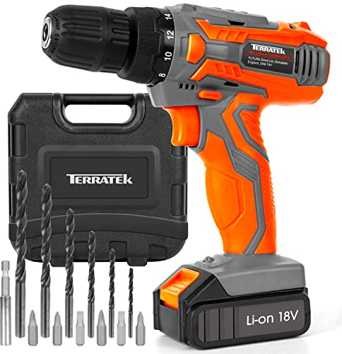 Terratek Cordless Drill Driver 18V Lithium-Ion, 13Pc Electric Screwdriver Set, LED Work Light, Electric Drill Quick Change Power Drill Battery with Charger & Carry Case Included