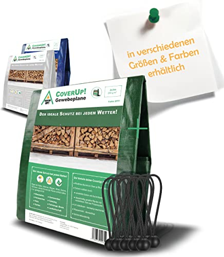 CoverUp! (2x3 m) Gewebeplane - Farbe: Grün, 200g/m² - Beständigkeit durch verstärkte Gummiecken & rostfreie Ösen - Abdeckplane bietet UV-Schutz - Plane inkl. 10 Planenspanner