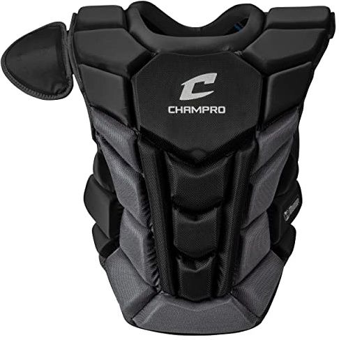 Champro Optimus Pro Plus Ergonomic Baseball Catcher’s Chest Protector for Commotio Cordis with Removeable Shoulder Cap, 15.5, Black