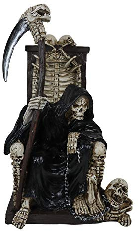 Ebros The Dark Lord Grim Reaper Seated On Skeletons and Skulls Throne with Scythe Statue Ruler of The Underworld Reaper of Souls Ossuary Macabre Figurine
