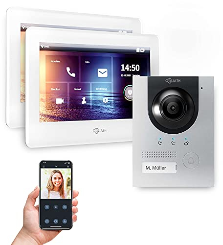 GOLIATH Full-HD Video Türsprechanlage, Unterputz Türstation in Silber, 1 Familienhaus Set, 2X Touchscreen Monitor weiß, 2 Draht Bus Gegensprechanlage, 2 Megapixel Kamera, 180° Weitwinkel, AV-BUS-116