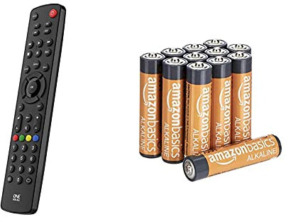 One For All URC1240 Contour Universal 4 in 1 Remote Control, Black, 2.0 cm*22.3 cm*4.4 cm & Amazon Basics AAA Alkaline Batteries, High-Performance (Triple A), 10-Year Shelf Life, 12-Pack