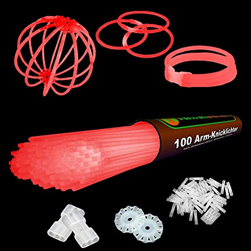 NEON FUN 100 Arm Knicklichter | ROT | Geprüfte Qualität | Testurteil 1,4 sehr gut | 8h | 100 hoch elastische Verbinder | 2 Dreifach Connectoren | 2 Kreisverbinder, Menge:1 Rolle