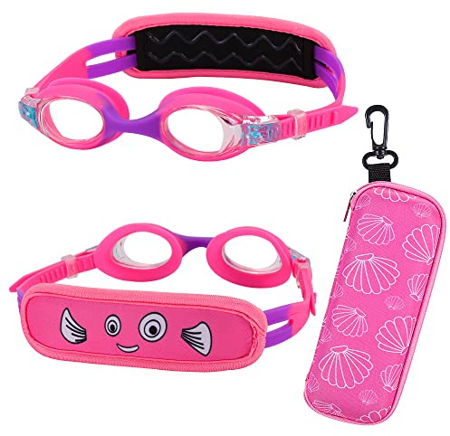 RUIGAO Swim Goggles For Kids 3-6, Toddler Swimming Goggles with Case/Padded Fabric Strap/No Hair Pull