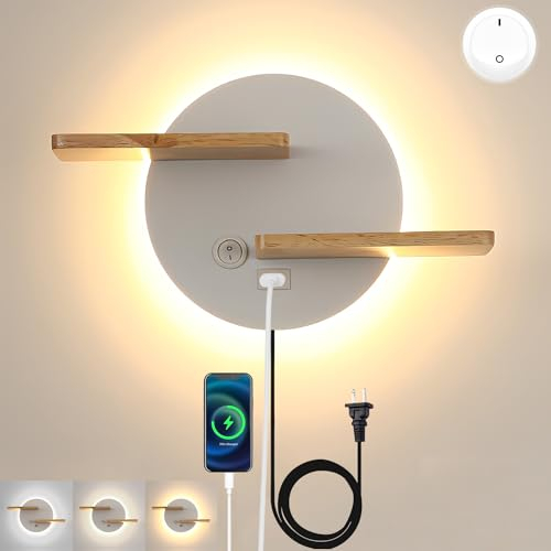 KZT Wandleuchte mit usb-ladeanschluss 9W Leselampe mit Holzen Regal Moderne Holz Wandlampe für Schlafzimmer Nachttisch Wandbeleuchtung mit Stecker und Schalter Leseleuchte für Wohnzimmer Büro, Weiß