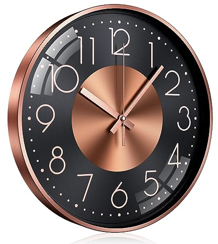 TOKTEKK Wanduhr Ohne Tickgeräusche Lautlos Modern wanduhren 12 Zoll Rund Geräuschlos Küchenuhr Aluminium Wall Clock Für Wohnzimmer Küche Schlafzimmer Und Büro(Roségoldene Ziffern)