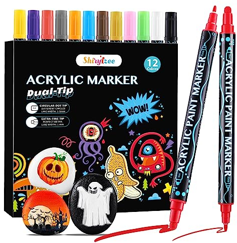 shirylzee Acrylstifte für Steine Wasserfest, 12 Farben Acrylstifte mit Doppelspitze (Feine Spitze und Pinsel), Acryl Marker für Steine Zum Bemalen, Acrylstifte Wasserfest für Holz, Leinwand, Keramik