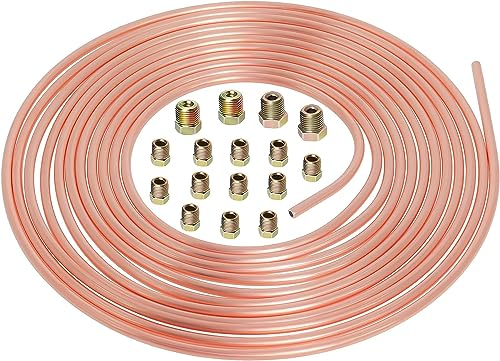 Poweka Bremsleitung Kupfer Beschichtet 25ft 1/4 OD, General Bremskit 7,62m für Automobile mit 16 Verschraubungen